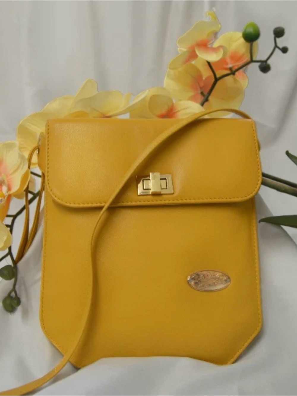 Yellow Crossbody Bag with Gold-Tone Turn Lock